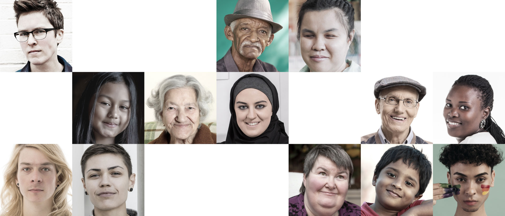 A series of close-up photos of diverse people. They show Black, brown, Latine, and white people of different genders. There are kids, adults, and elderly people; some are thin, and some are fat. Some wear glasses or hats. There is a blind woman with her eyes closed and a woman wearing a black hijab. One young brown person with an undercut, short brown curls on top, and stubble on their chin is painting rainbow-colored streaks with their fingers on their cheeks.